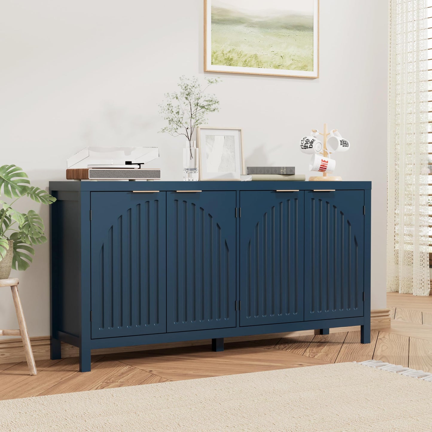 Fluted Sideboard Buffet Cabinet with Storage, 58" Mid Century Modern Accent Cabinet with Arch Doors, Large Wood Media TV Console Table Credenza for Dining Room, Kitchen, Living Room Entryway, Blue