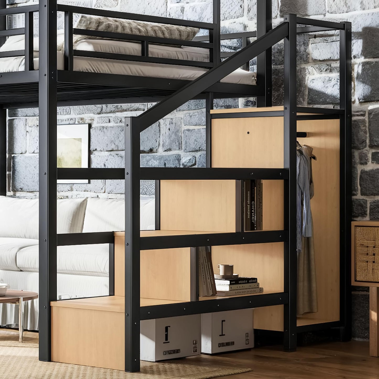 Bellemave Queen Size Loft Bed with Stairs and Wardrobe,Heavy Duty Metal Loft Bed Frame with Canopy for for Kids,Teens,Adults,Natural Wood
