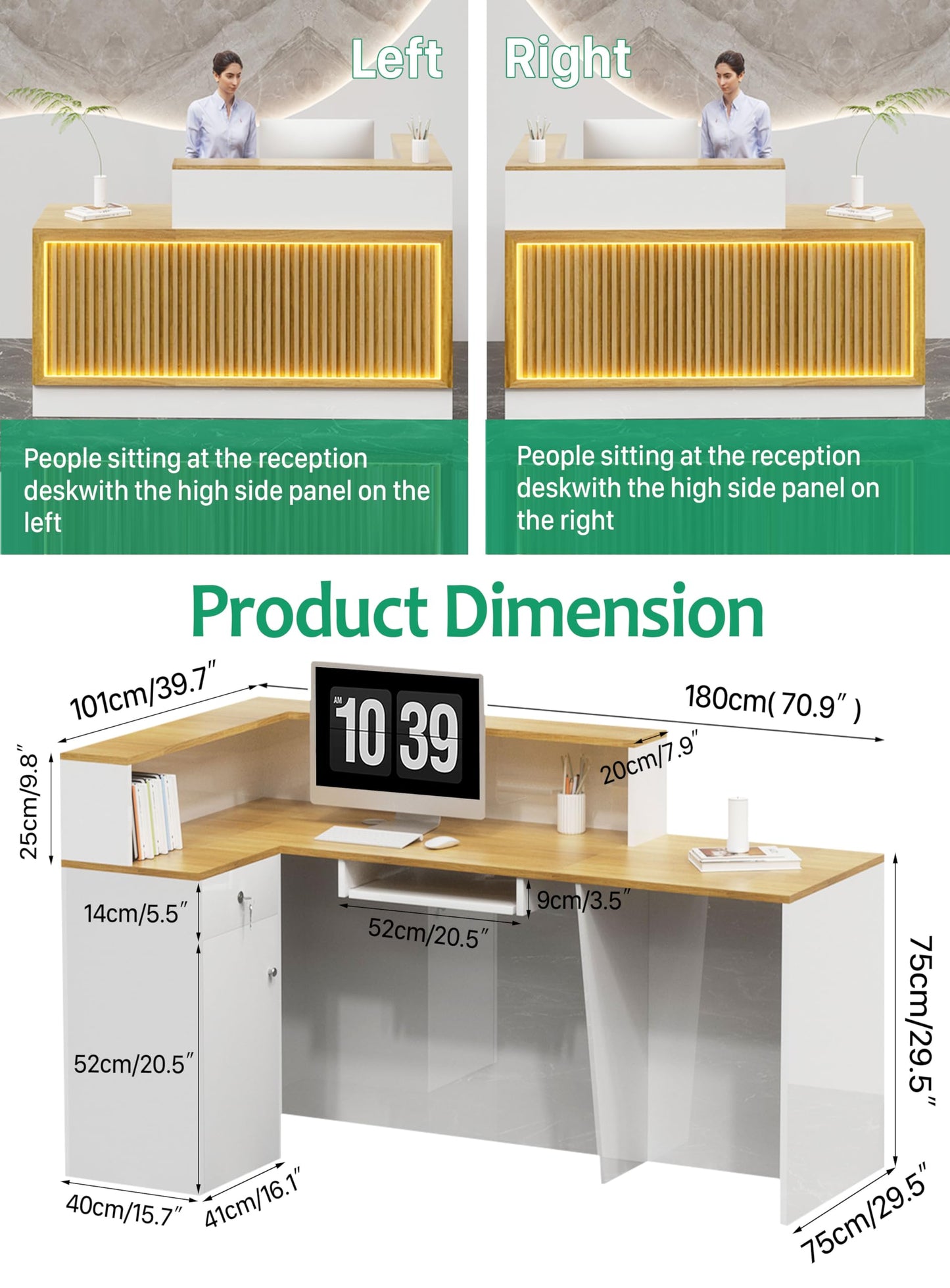 L Shaped Reception Desk, Solid Wood Front Desk with Counter & Lockable Drawers, Retail Checkout Customer 2 Person Secretary Desks for Home Office Lobby Store (63in,Left)