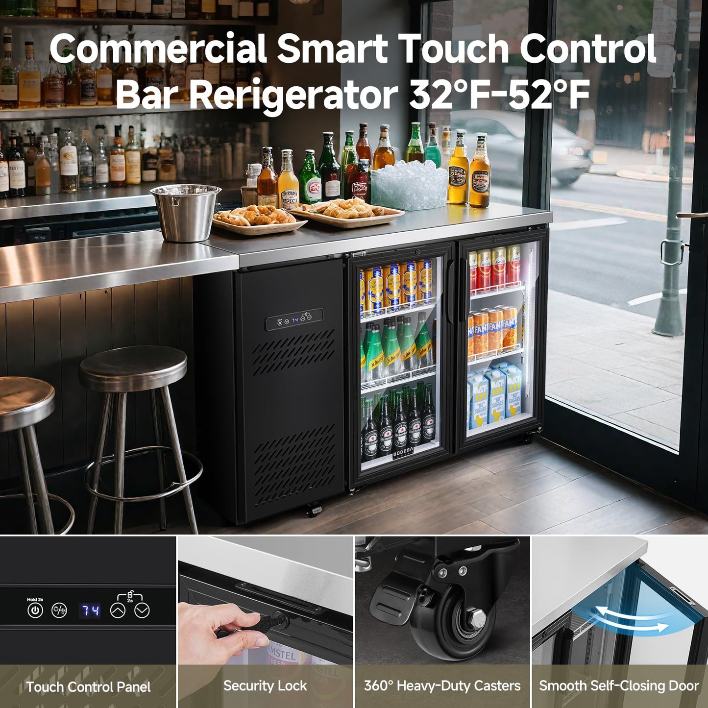 BODEGACOOLER Commercial Back Bar Cooler with 2 Glass Doors,12 Cu.Ft Stainless Steel Commercial Counter Height Bar Refrigerator,Display Drink Beverage Beer Fridge LED Lighting,SUS304 Top,4 Casters