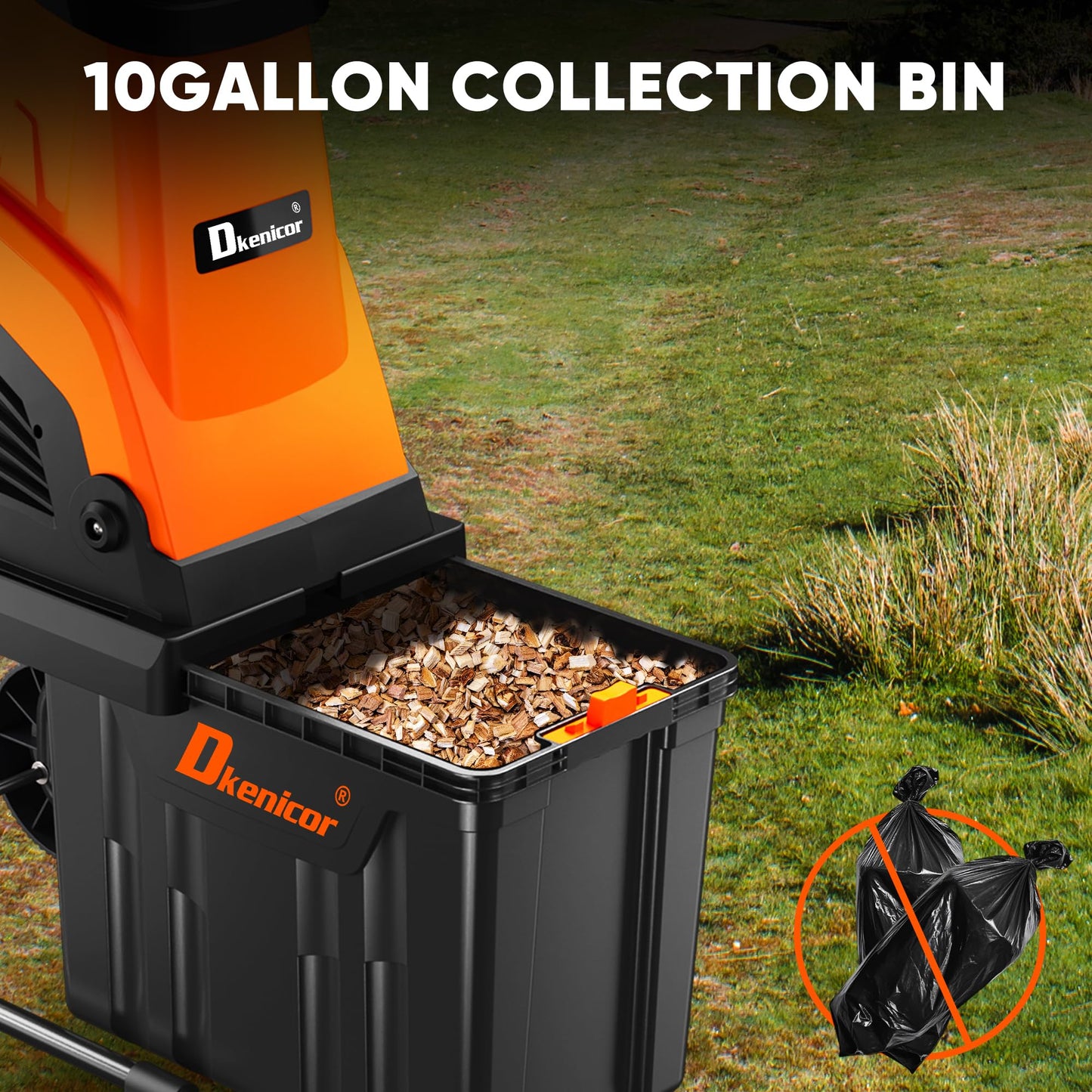 Dkenicor Wood Chipper Shredder,1800W Cut Diameter of 1.77inch with 10 Gallon Collection Bin 15-Amp Electric Wood Chipper Shredder for Easy Cleanup Ideal for Branches, Leaves,Yard Waste, Orange