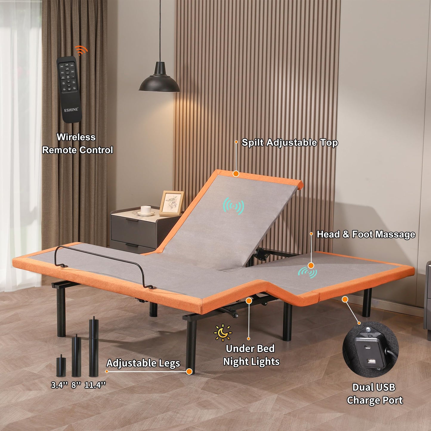 ESHINE Adjustable Bed Frame with Split Top Queen Size Smart Bed with Massage, Top Split, Head & Foot Incline, Wireless Remote, Zero Gravity, Dual USB Ports, Under Bed Light, 3000 Series