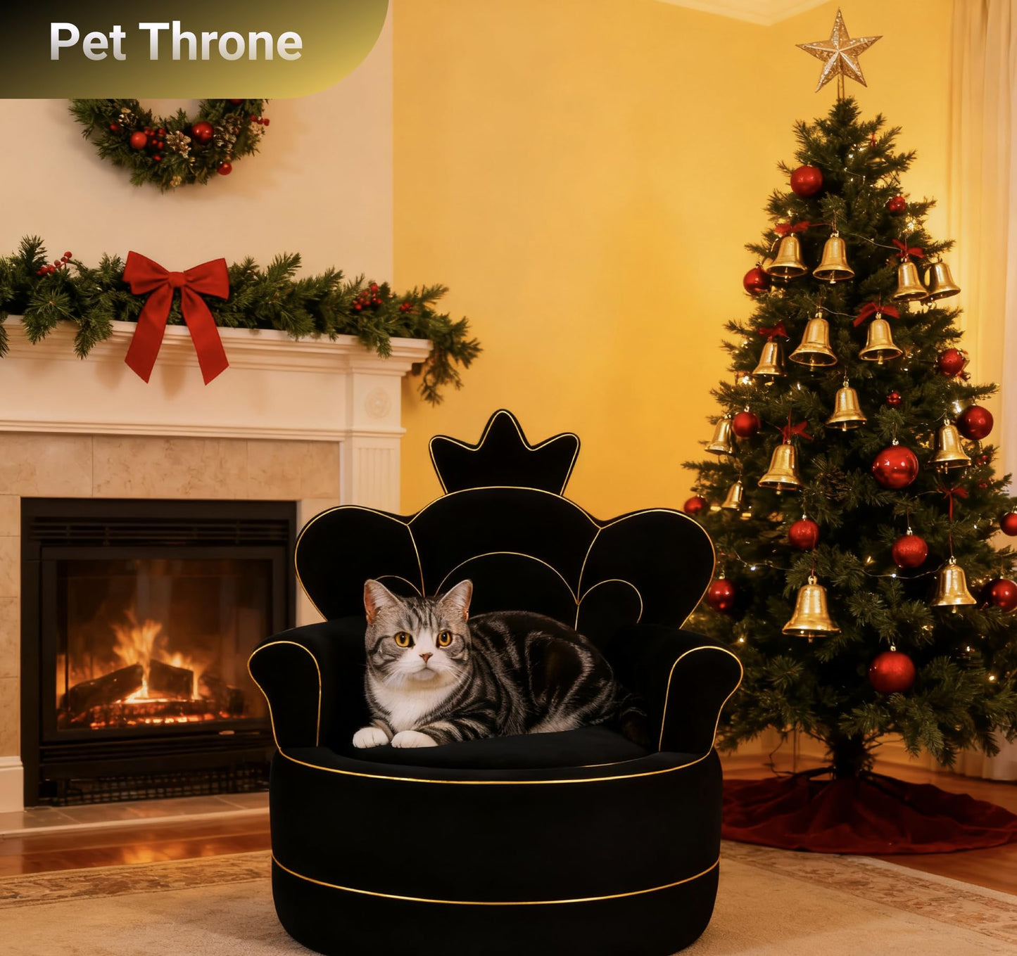 Cuddle Republic Premium Pet Sofa – Holland Velvet Dog and cat Throne Chair, Black & Gold Design, Cozy & Soft, Scratch-Resistant & Durable, Perfect for Home Décor & Pet Lovers