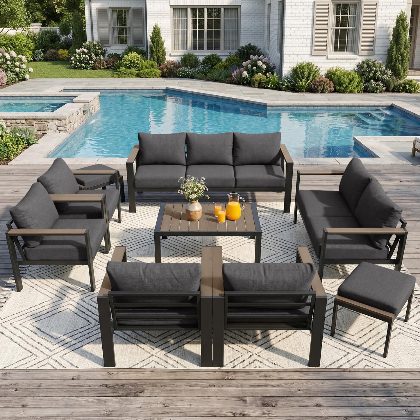 SAILARY Outdoor Patio Furniture Set 9 Pieces Luxury Aluminum Patio Conversation Set with Coffee Table and 2 Ottoman 11 Seats, Thick Cushions, Large Sectional Sofa for Porch, Balcony, Yard, Dark Gray