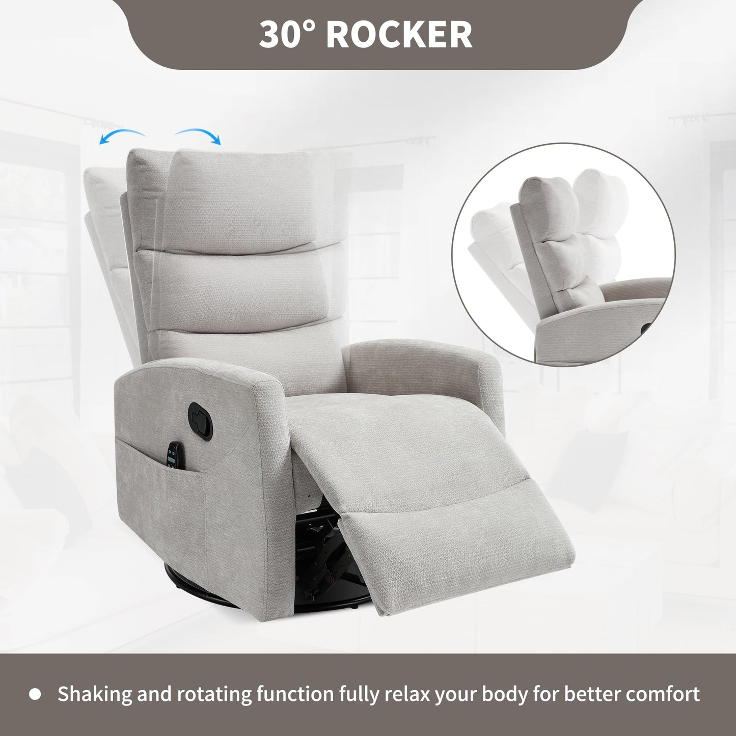 GDFStudio Heat Massage Manual Recliner Chair with Rocking and 360° Swivel, Chenille Fabric Recliner Chair with Lumbar Heat, 8-Point Vibration Massage, 155° Reclining Chair for Living Room, Grey