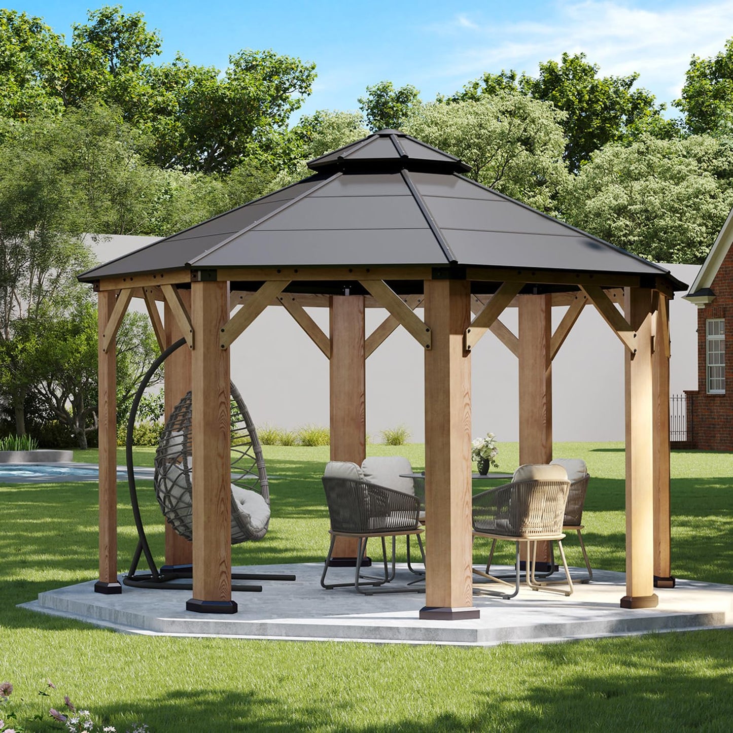 Aoxun 13' x 13' Outdoor Wood Gazebo, Hardtop Gazebo Permanent Wooden Pavilion with Galvanized Steel Double Roof, for Packyard, Garden, Deck, Cedar Wood