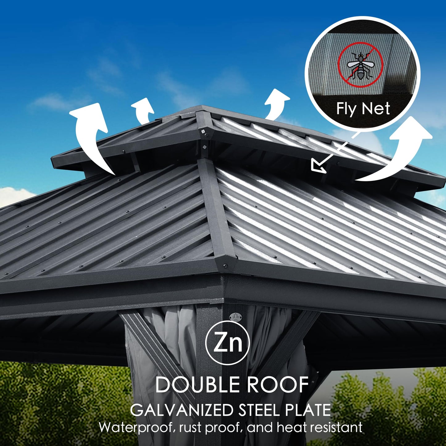 Kozyard Caesar 10'x12' Hardtop Gazebo - Permanent Metal Pavilion with Netting and Shaded Curtains for Patio, Backyard, and Deck - Galvanized Steel Outdoor Aluminum Canopy, Double Roof Gazebo (Grey)