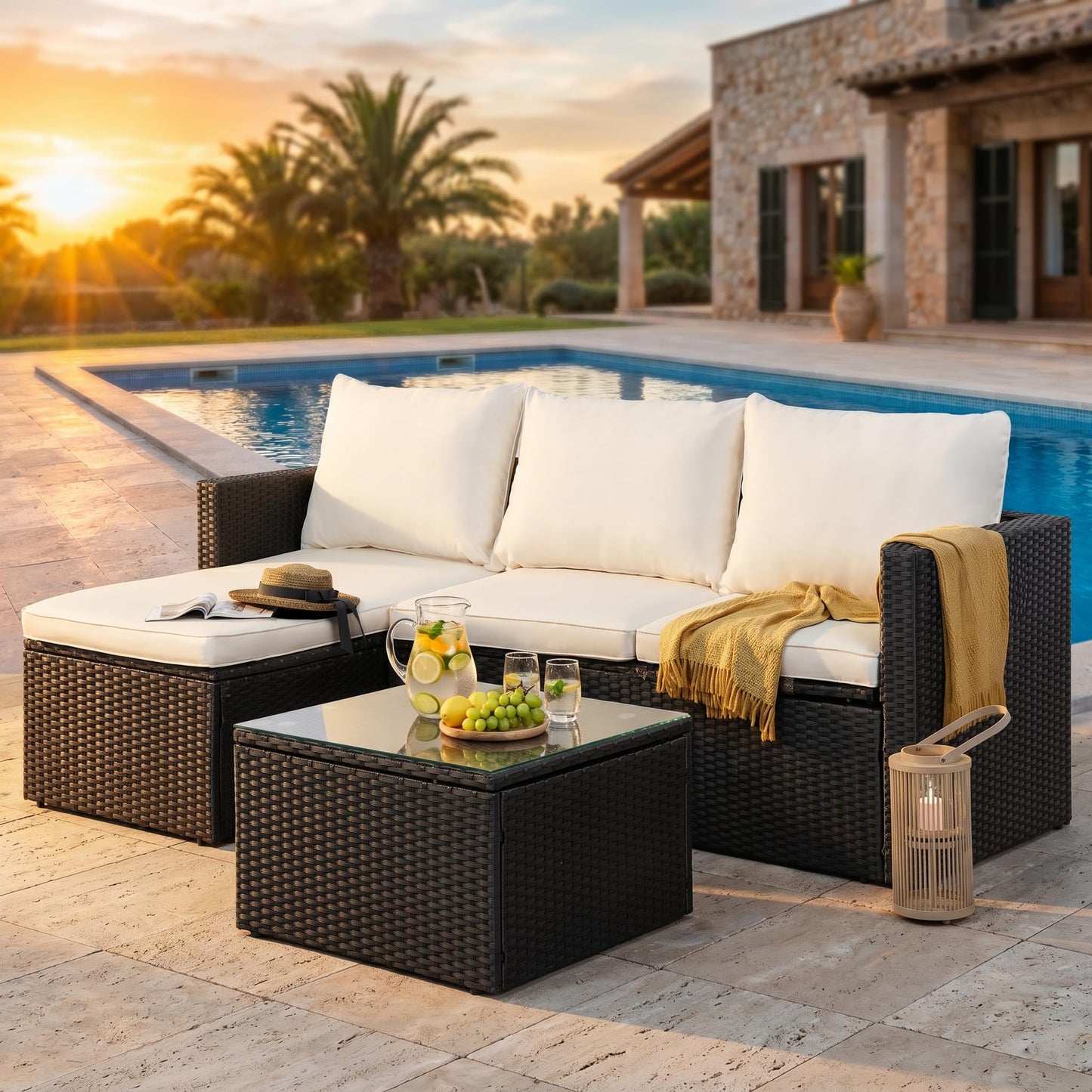 SUNLEI 3 Piece Patio Furniture Set, Outdoor PE Rattan Sectional Sofa Set with Ottoman, Detachable Cushions and Glass Coffee Table, Patio Conversation Set for Backyard Balcony Porch, Black/White