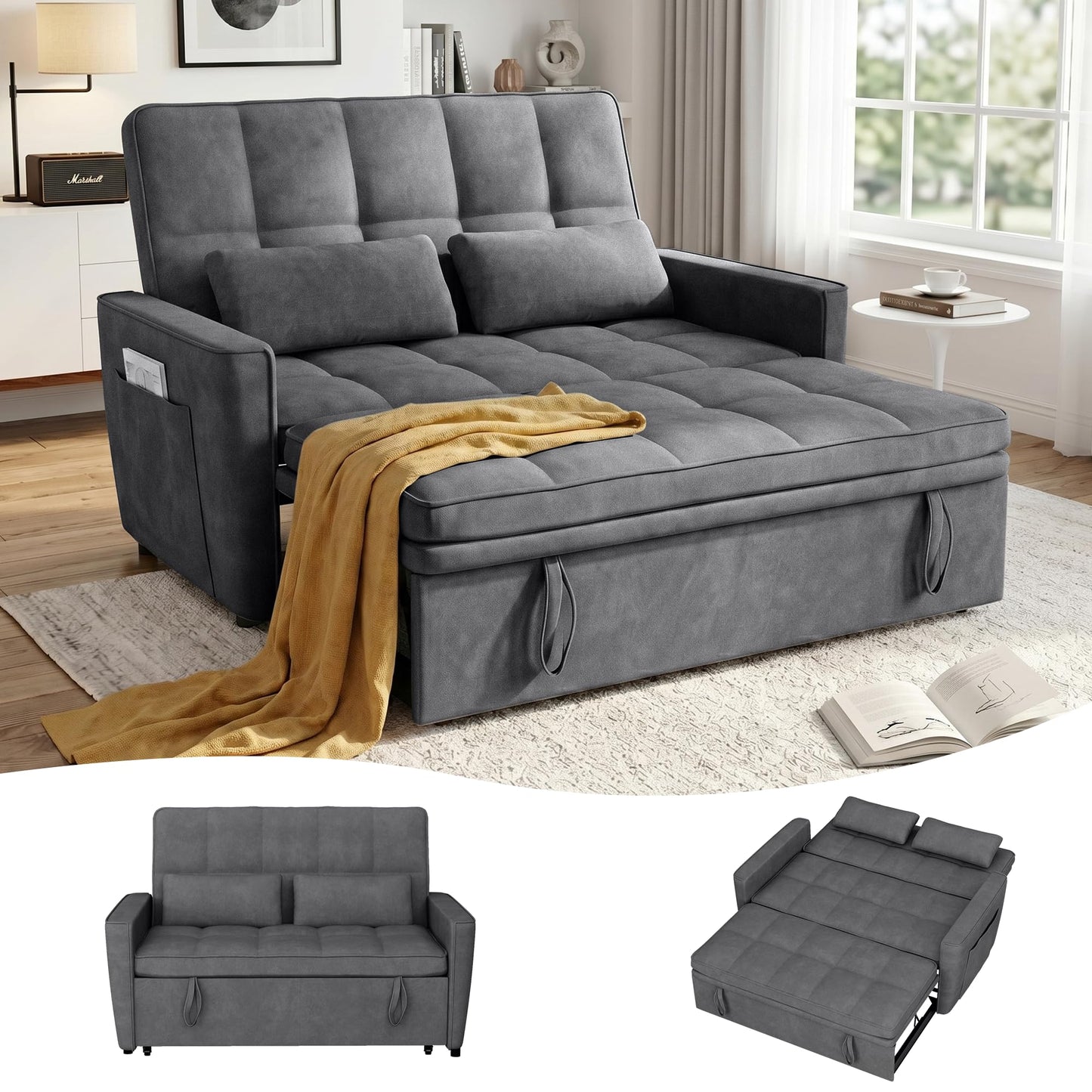 tiramisubest 54'' Sleeper Sofa Bed, Convertible Pull Out Couch Futon for for Living Room,Apartment (Darkgrey, Loveseat) Side Pockets, Velvet Fabric, Adjustable Backrest, Pull-Out Bed, Easy Assembly