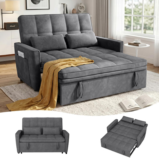 tiramisubest 54'' Sleeper Sofa Bed, Convertible Pull Out Couch Futon for for Living Room,Apartment (Darkgrey, Loveseat) Side Pockets, Velvet Fabric, Adjustable Backrest, Pull-Out Bed, Easy Assembly