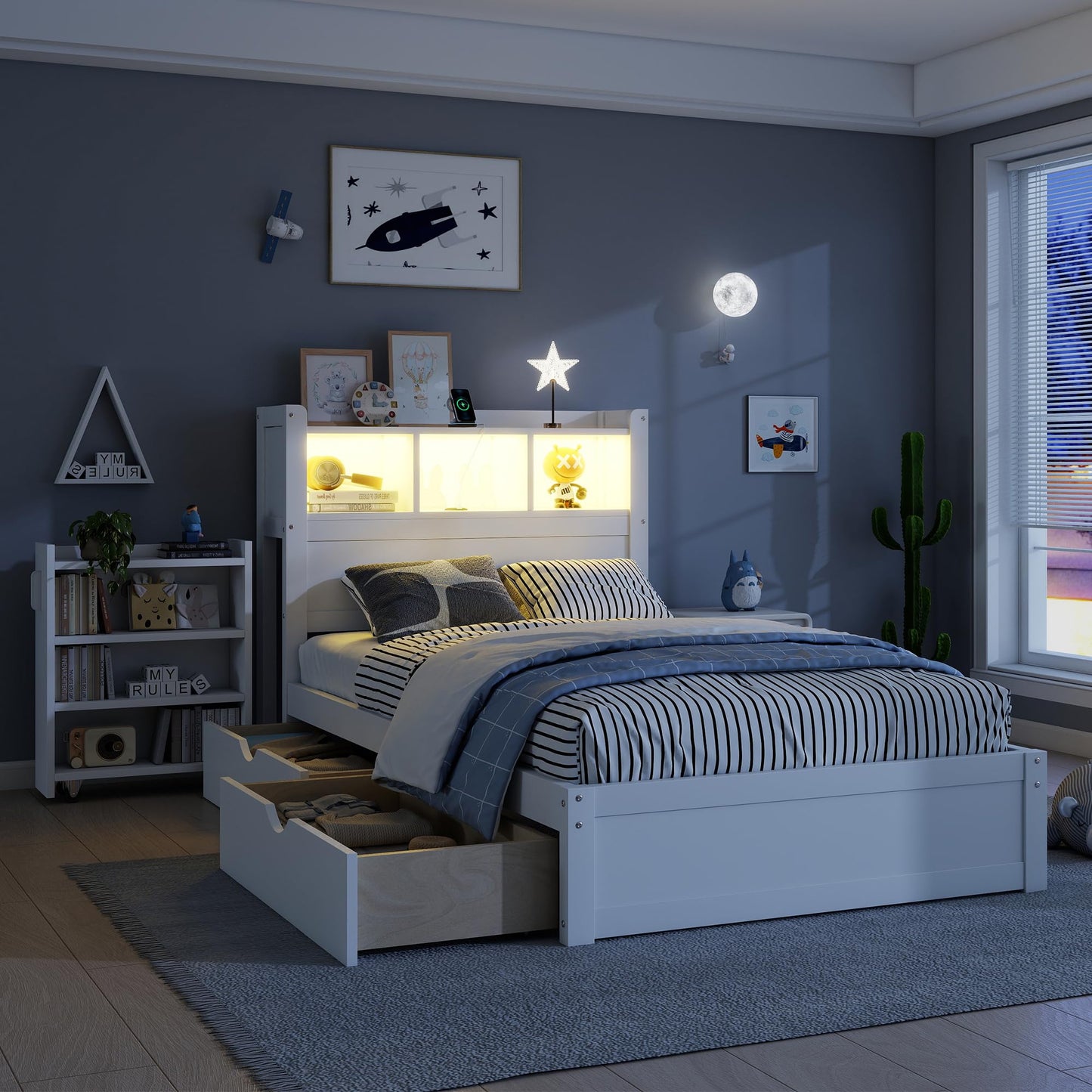 KEIKI Twin Size Wood Platform Bed Frame with Storage Headboard & Pull Out Storage Cabinet & 2 Drawers, Modern Bed with Solid Slats & Socket, No Box Spring Required, Easy Assembly, for Bedroom, White