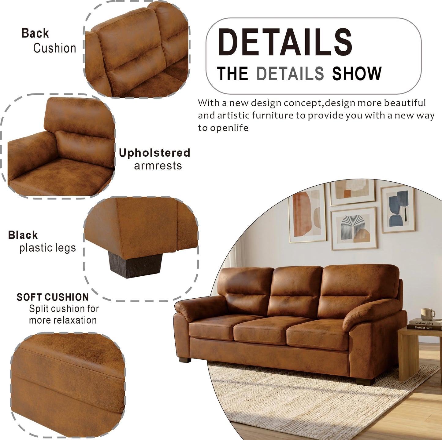 Eafurn Mid-Century Modern 3-Seater Loveseat Sofa Couch with Sturdy Wood Frame & Cushioned Armrests, 81" Compact Faux Leather Settee Furniture for Living Room, Apartment, Office