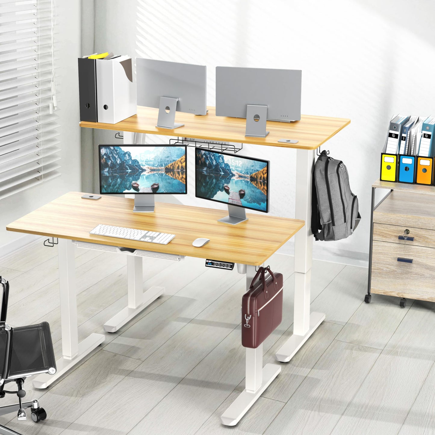 SHW 48-Inch Electric Height Adjustable Standing Desk with Drawer, Memory Preset and Cable Management Tray, Oak