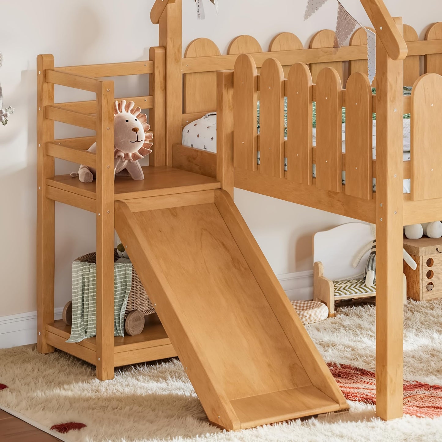 KEIKI Full Size Wooden House-Shaped Loft Bed Frame with Stairs & Ladders & Storage Shelves, for Girls and Boys, Low Loft Bed with Round Shape Guardrails & Slats, Easy Assembly, for Bedroom, Natural