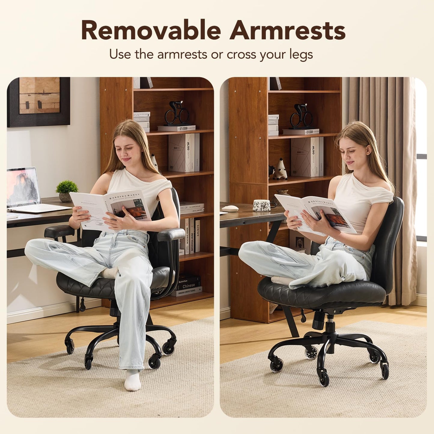 YFO Home Office Desk Chair Office Rubber Casters Ergonomic Computer Chair with Lumbar Support Adjustable Height Rolling Swivel Executive Task Armrests Chair， Black PU
