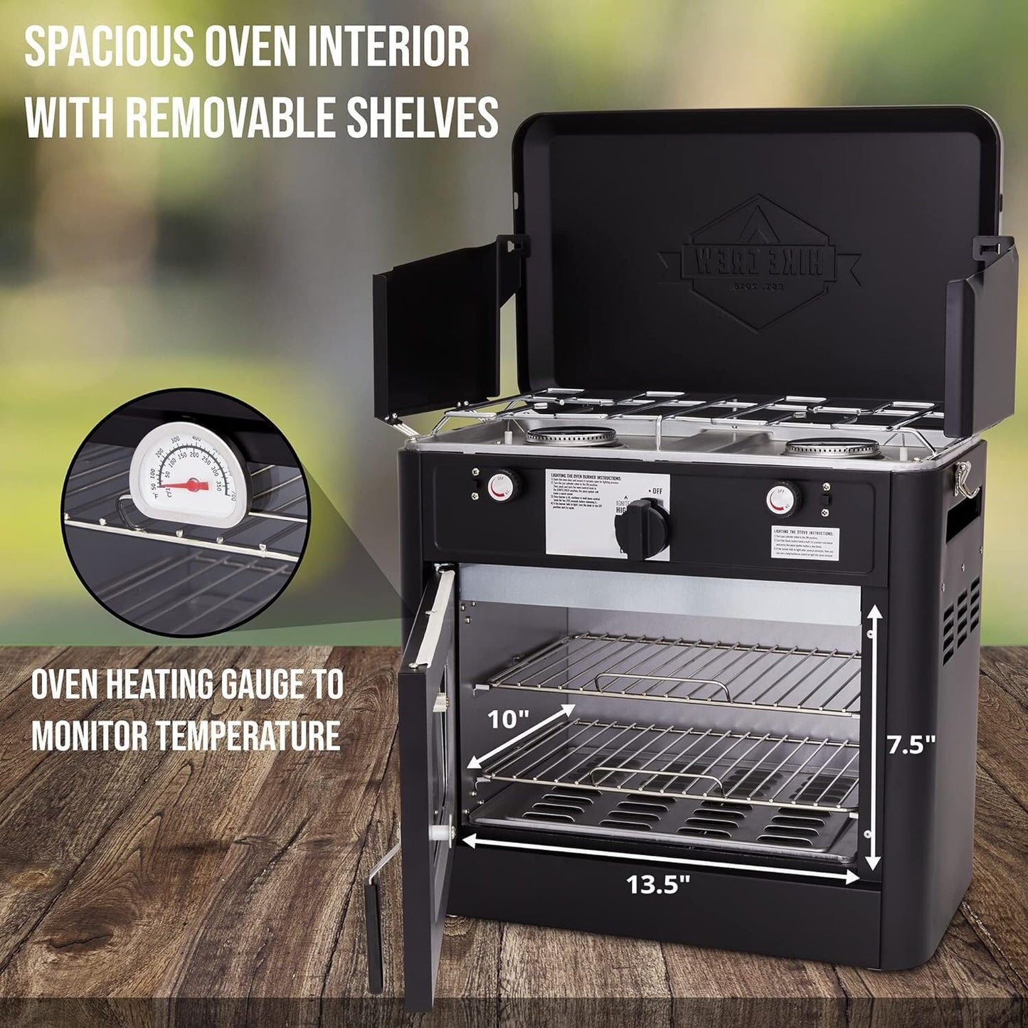 Hike Crew Outdoor Gas Camping Oven w/Carry Bag | CSA Approved Portable Propane-Powered 2-Burner Stove & Auto Ignition, Overheat Safety Shutoff, Built-In Thermometer Hose Regulator Included