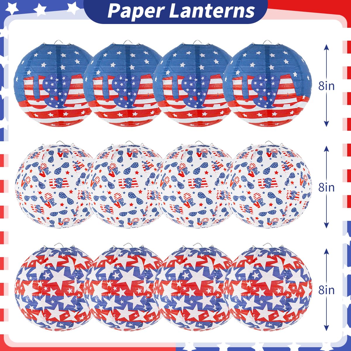 zilue Hanging Paper Lanterns for 4th of July Decorations, Pack of 12, Red/White/Blue, Model 1025