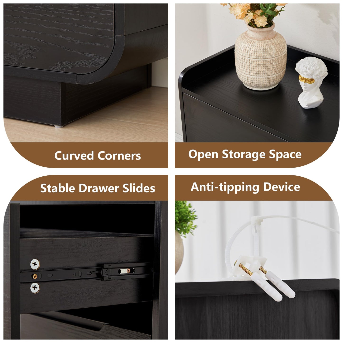 YUCHIATH Curved 6 Drawer Dresser for Bedroom, Modern 53-Inch Chest of Drawers, Wood Storage Dresser Organizers with Hidden Handles, 6 Drawer Dressers for Bedroom, Nursery, Living Room, Black