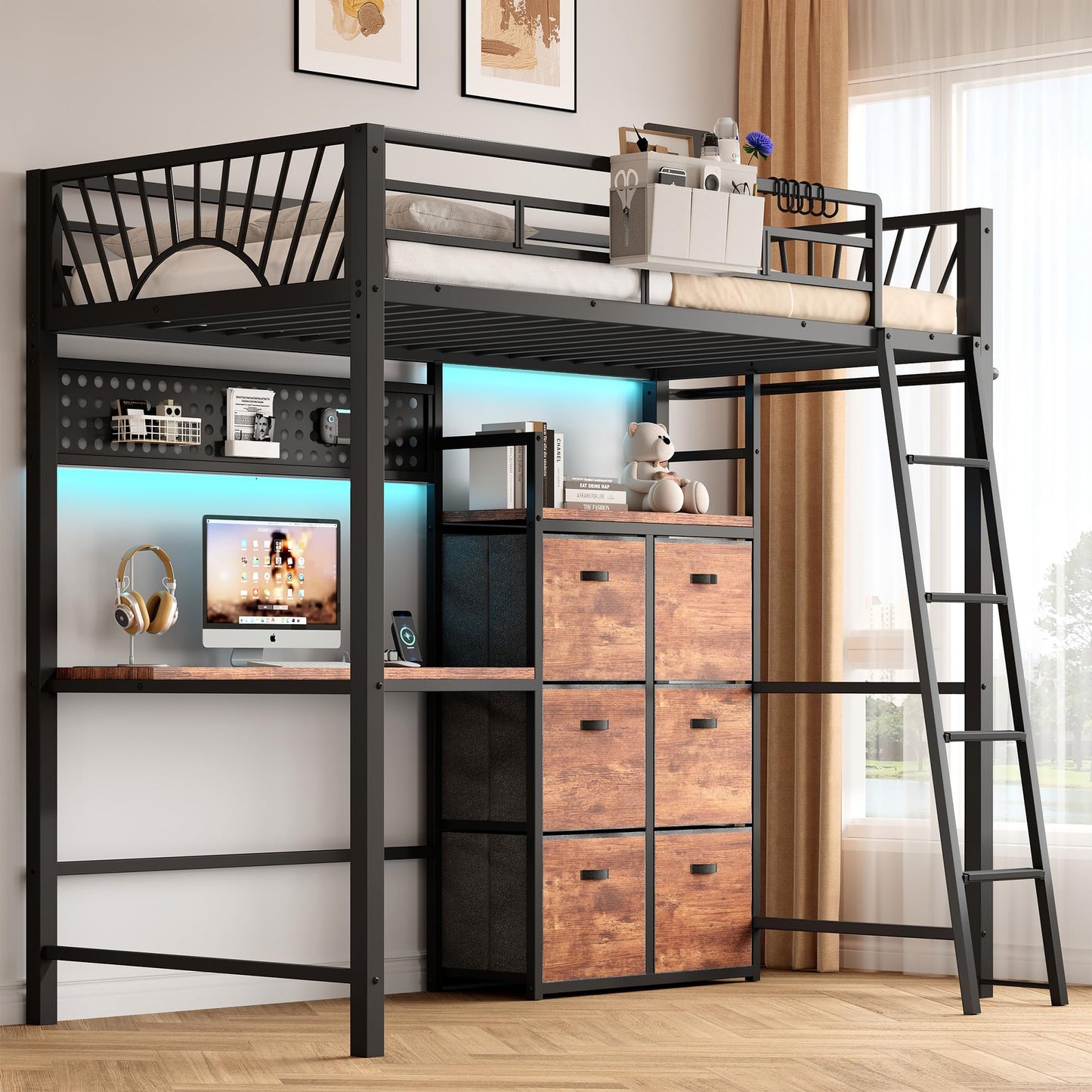 Decofy Twin Loft Bed with Desk and 6 Storage Drawers, Metal Loft Bed Twin Size with Charging Station & LED Lights, Bed Frame with Hanging Rod, Safety Ladder & Guardrail, Bedside Caddy for Kids, Teens