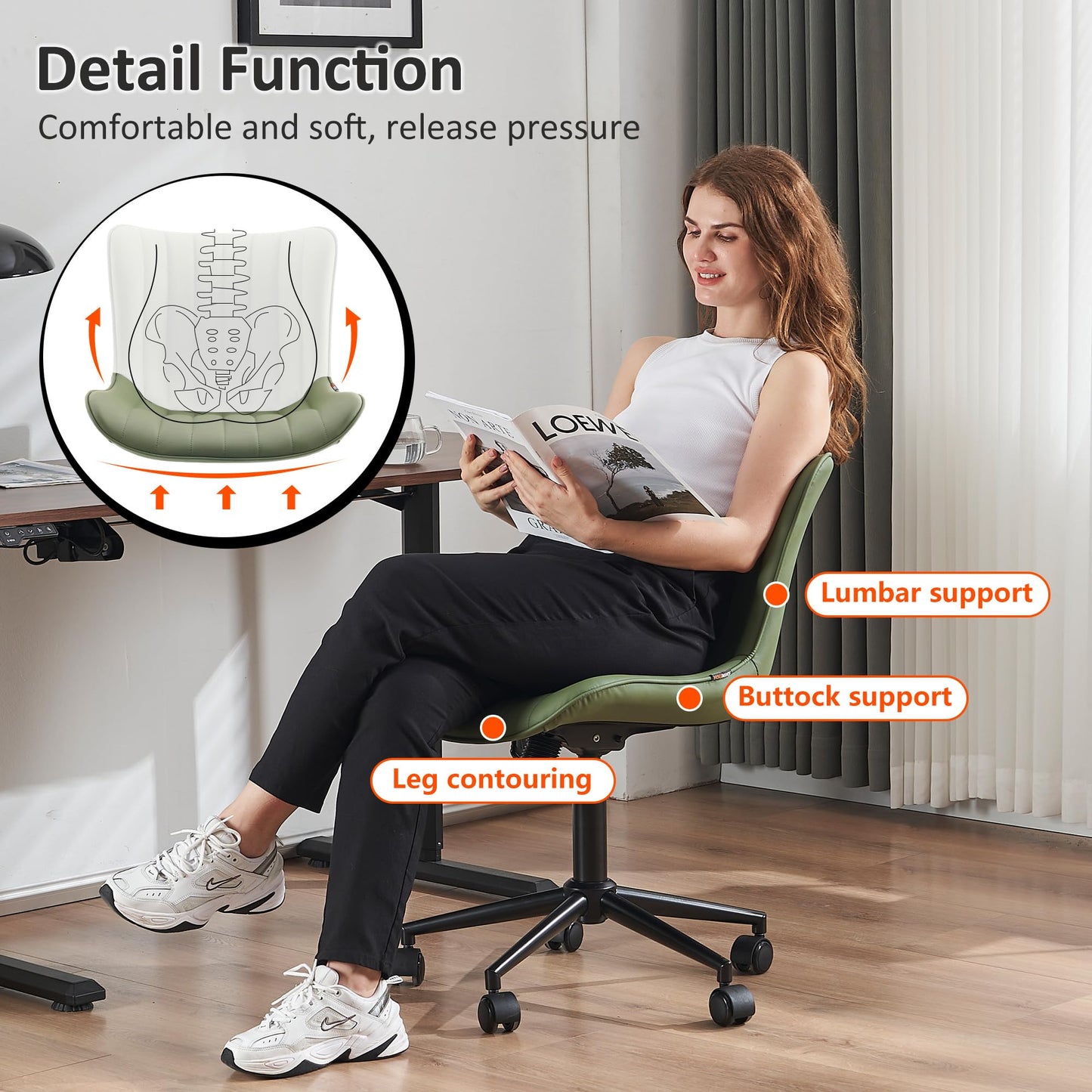 Kidol & Shellder Olive Green Office Desk Chair with Wheels Leather Modern Armless Swivel Vanity Chair with Comfy Padded Back Ergonomic Cute Rolling Adjustable Computer Chair Small