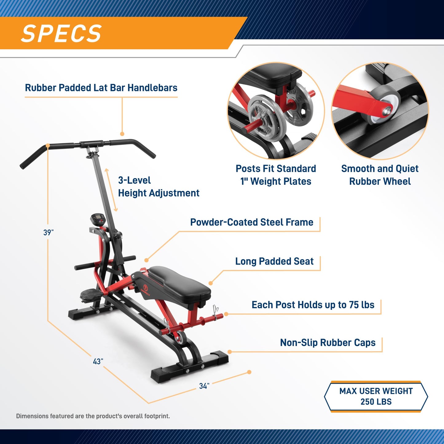 Marcy Easy Rider - Full-Body Exercise Workout Rowing Squat Machine, Free-Weight Resistance, Includes Performance Monitor for Compact Home Gym JX-1057