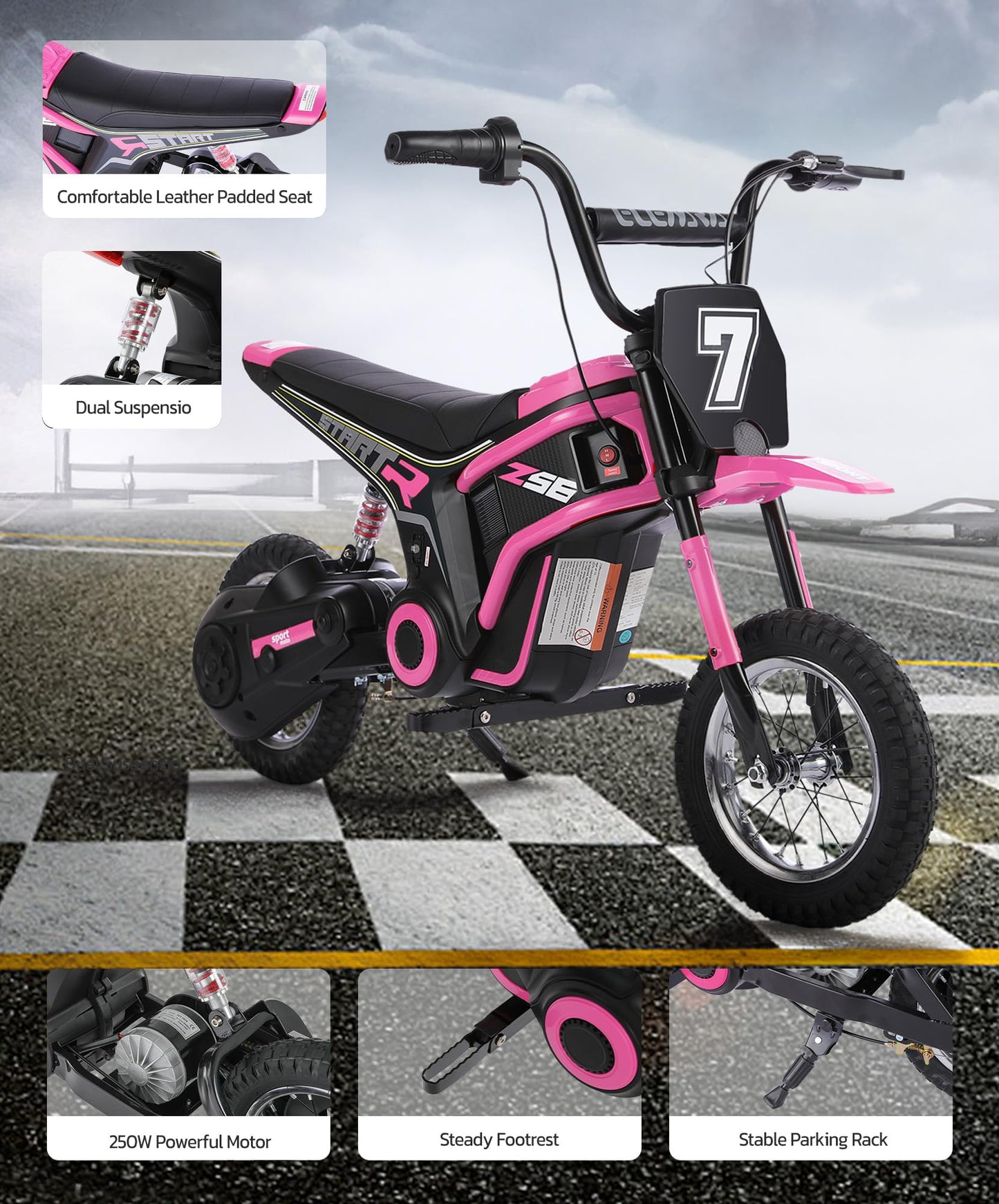 ELEMARA Electric Dirt Bike,350W Motorcycle 24V Ride on Toy for Big Kids w/LED Power Display,15.5 mph & 150lb Max,3 Speeds,Chain-Driven Motor,Twist-Grip Throttle & Brake Lever,12" Air-Filled Tires-Pink