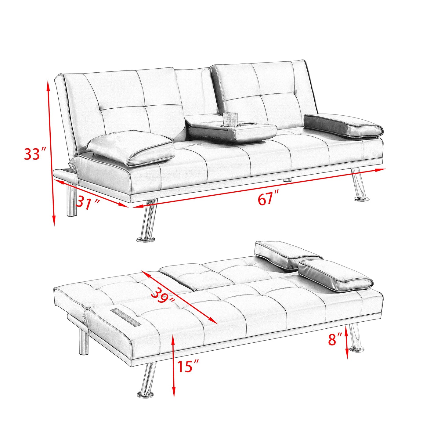 KEIKI 67" Leather Folding Futon Sofa w/Cup Holder & Adjustable Backrest, Mid Century Modern Couch Loveseat Convertible to Sleeper Bed, Comfy Cloud Couch SofaBed for Living Room & Bedroom, Red