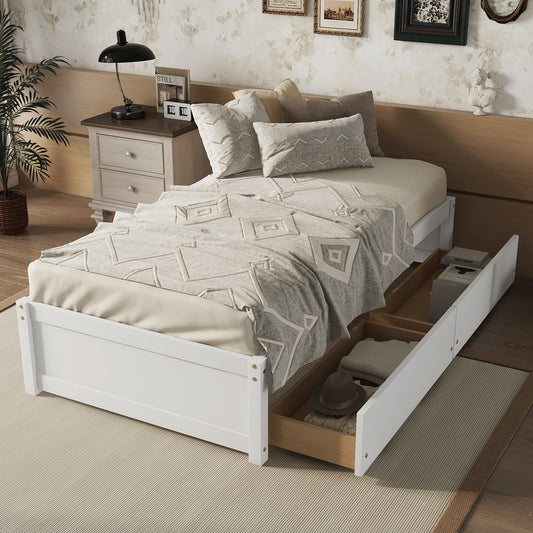 Twin Size Bed Frame with 2 Storage Drawers,Kids Twin Bed with Storage,Twin Bed Frames for Kids, Teens, Adults, Solid Wood Platform Bed,White