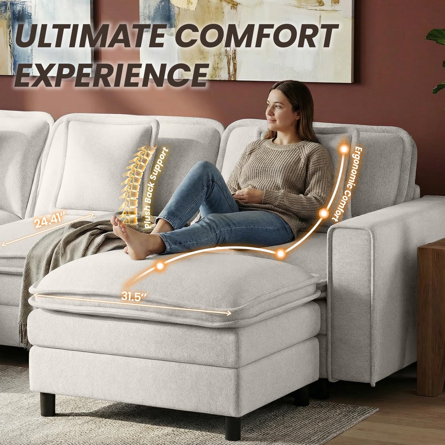 MALOL Modular Sectional Sofa 107", Comfy Cloud Couch with Ottoman, Deep 4-Seat L Shaped Modular Sofa, Couches with Throw Pillows for Living Room, Beige