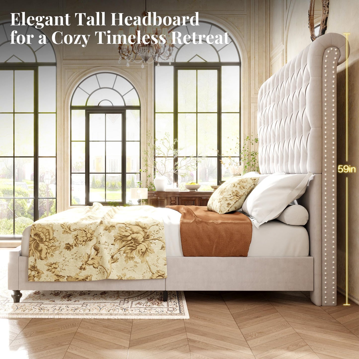 Jocisland Queen Size Bed Frame with 59" Tall Upholstered Headboard, Luxury Velvet Bed with Handcrafted Deep-Tufted Design and Solid Wood Legs, Noise-Free Platform, No Box Spring Needed, Cream