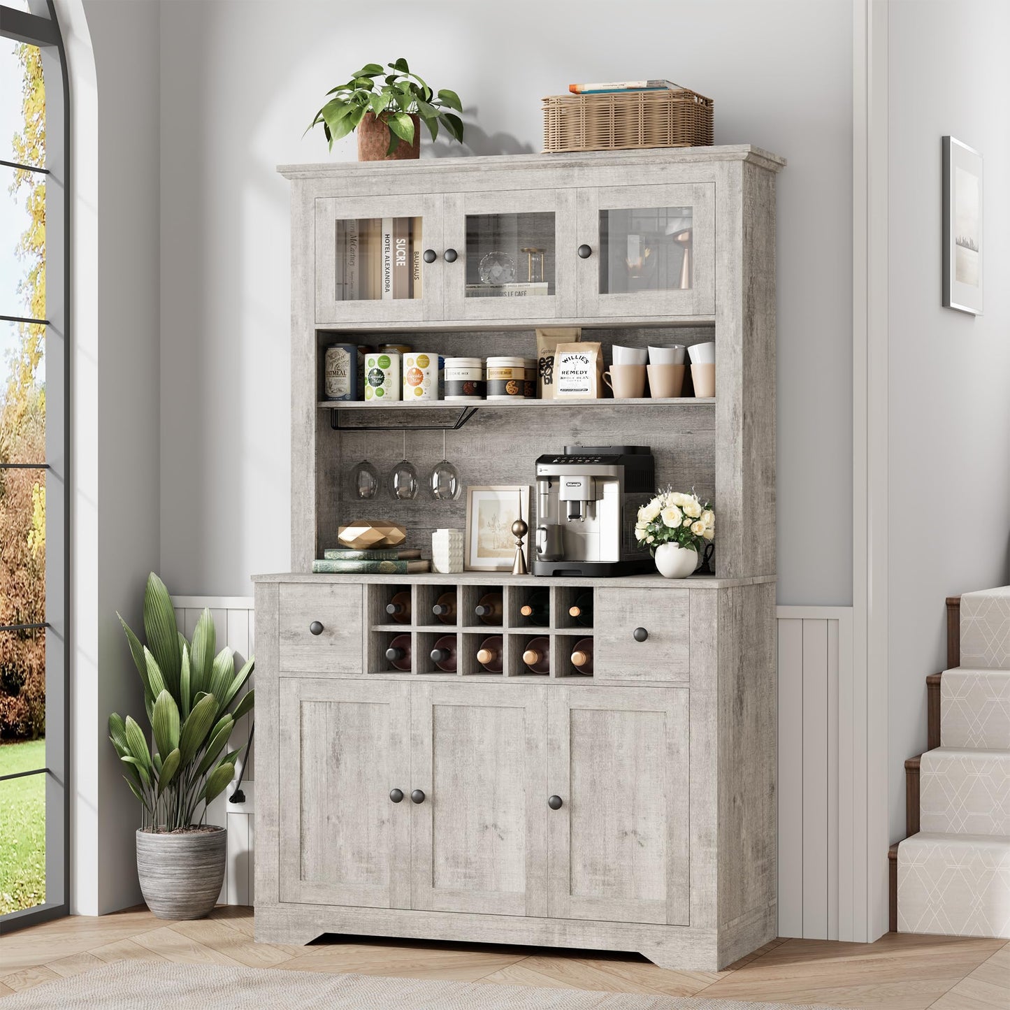 GarveeHome 68.7" Coffee Bar Cabinet with LED Light & Power Outlet, Farmhouse Kitchen Hutch with 2 Storage Drawers, Wine Glass Rack, Adjustable Shelves, Tall Pantry Cabinet for Dining Room, Living Room
