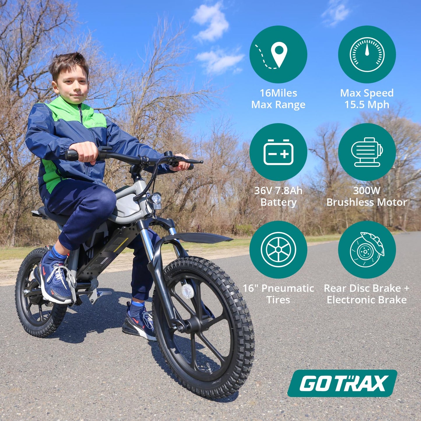 Gotrax Astra Electric Dirt Bike, 16" Pneumatic Tires, Max 16 Mile and 15.5Mph Speed Power by 300W Brushless Motor, Dual Suspension & Disc Brake, Electric Dirt Motorcycle for 47-67inch Height, Black