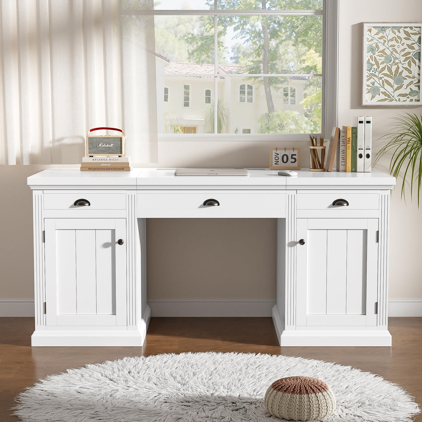 GDFStudio 67" Modern Executive Desk with Storage, White Computer Desk with 2 Doors Cabinet and 3 Drawers, Home Office Writing Desk with USB Ports and Power Outlets, Large Workstation for Study,Office