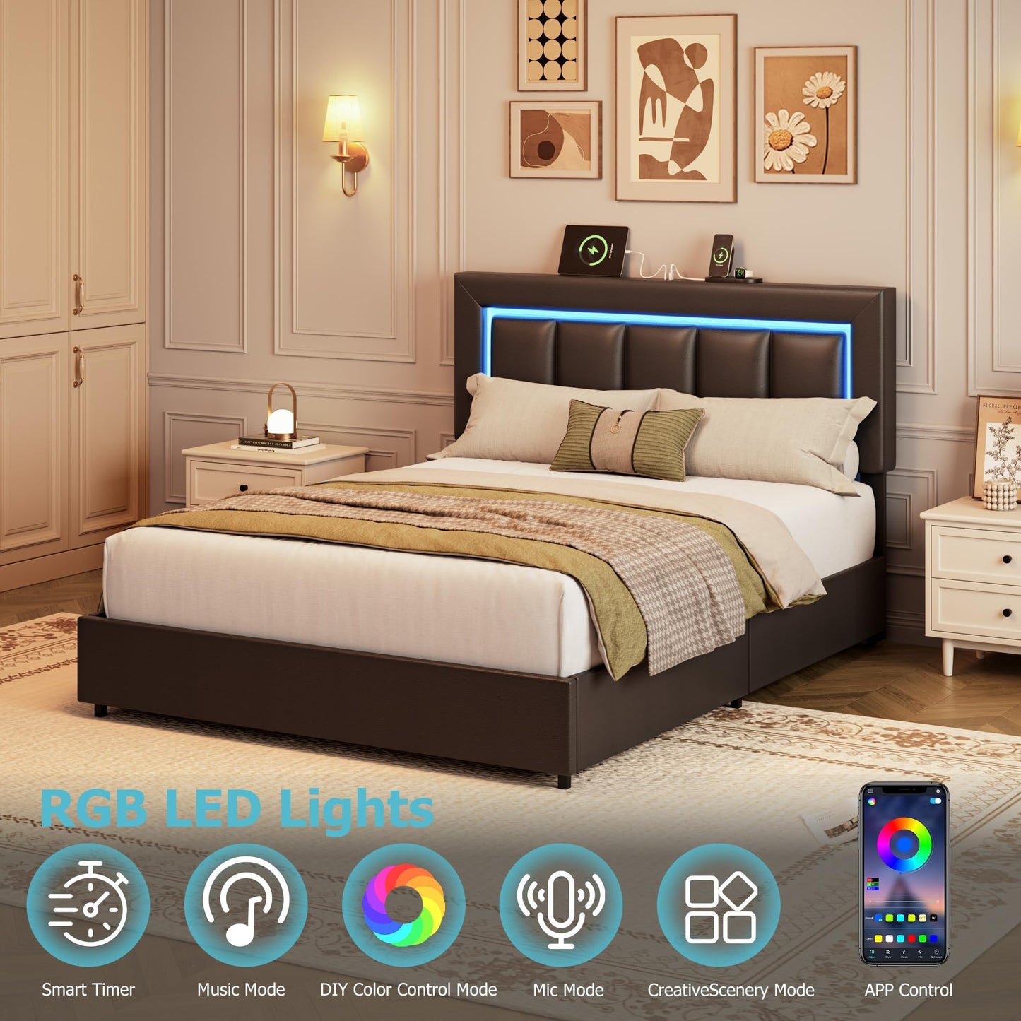 Garvee Full Size Storage Bed Frame with 4 Drawers, LED Lights, Charging Station, Adjustable Headboard, PU Leather Upholstered Platform Bed, Wooden Slats Support, No Box Spring Needed, Black