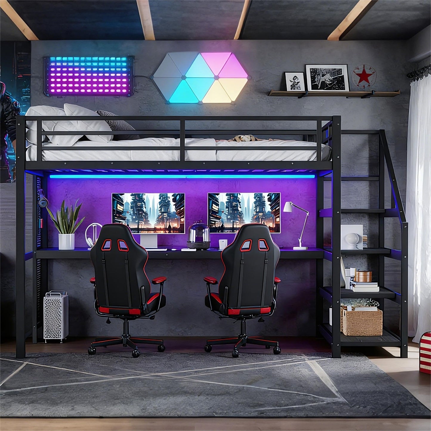 Bellemave Queen Loft Bed with Desk & Storage Stairs, Metal Queen Size Loft Bed Frame with Iron Nets, LED Lights & USB Ports, Heavy Duty Adult LoftBed for Bedroom, Noise-Free, Black Wood
