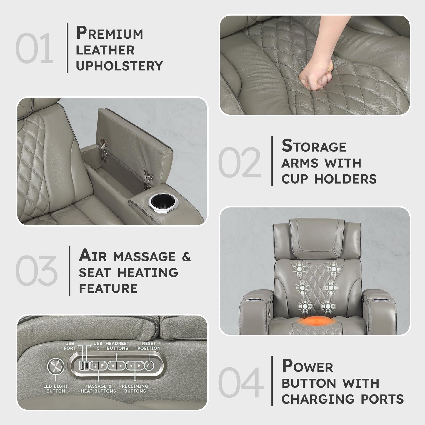 Lexicon Leather Power Recliner Chair with Heat/Massage/Headrest/Storage Arms/Cup Holders/LED Lights and Charging Ports, Top Grain Leather Match Wall Hugger Power Recliner Chairs for Adults, Grey