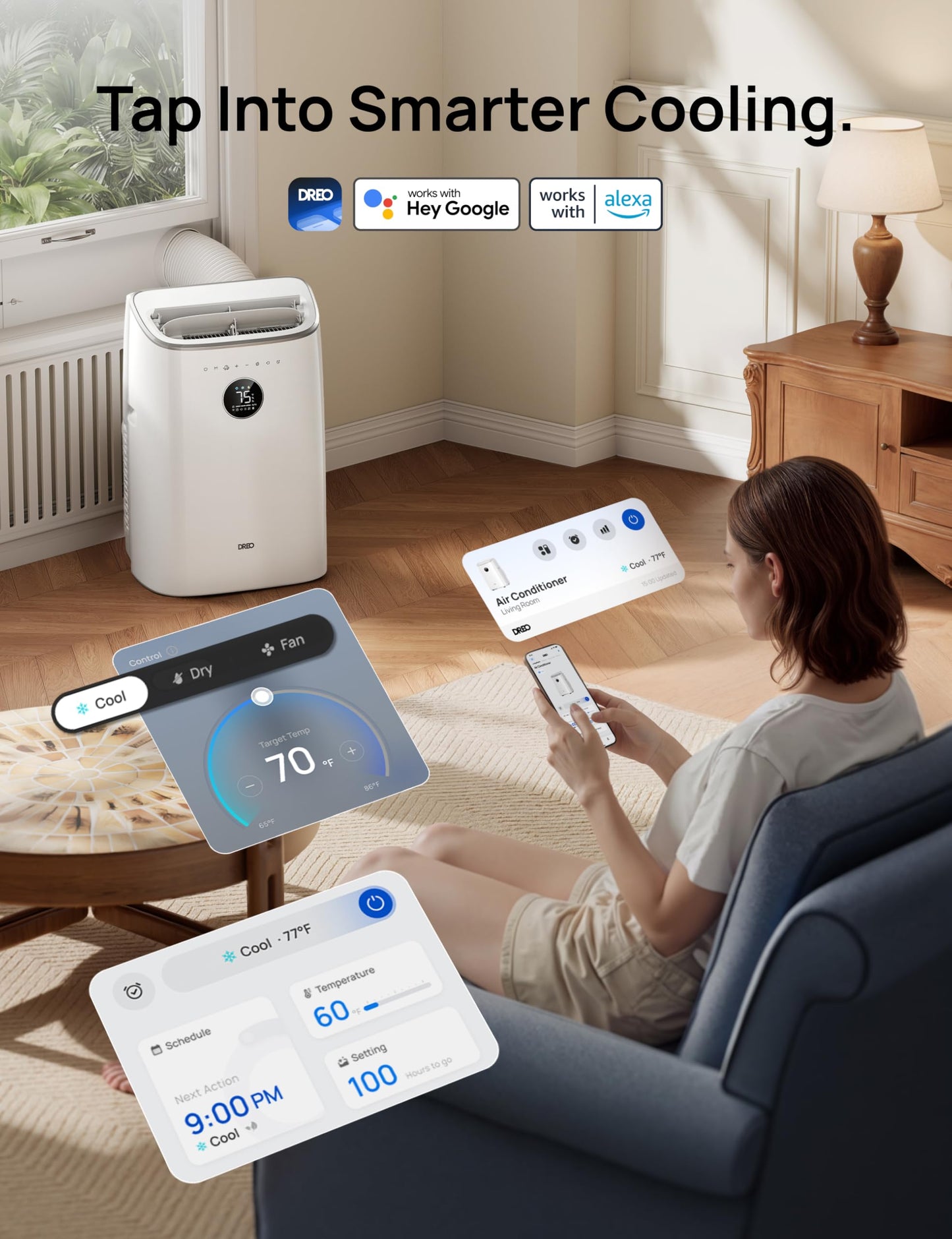 DREO Portable Air Conditioner 319S, 10000 BTU ASHRAE (6000 BTU DOE) Smart AC Unit for Bedroom with Drainage-free Cooling, Fan&Dehumidifier 3 in 1, APP/Voice/Remote, Quiet Standing AC for Room Indoors