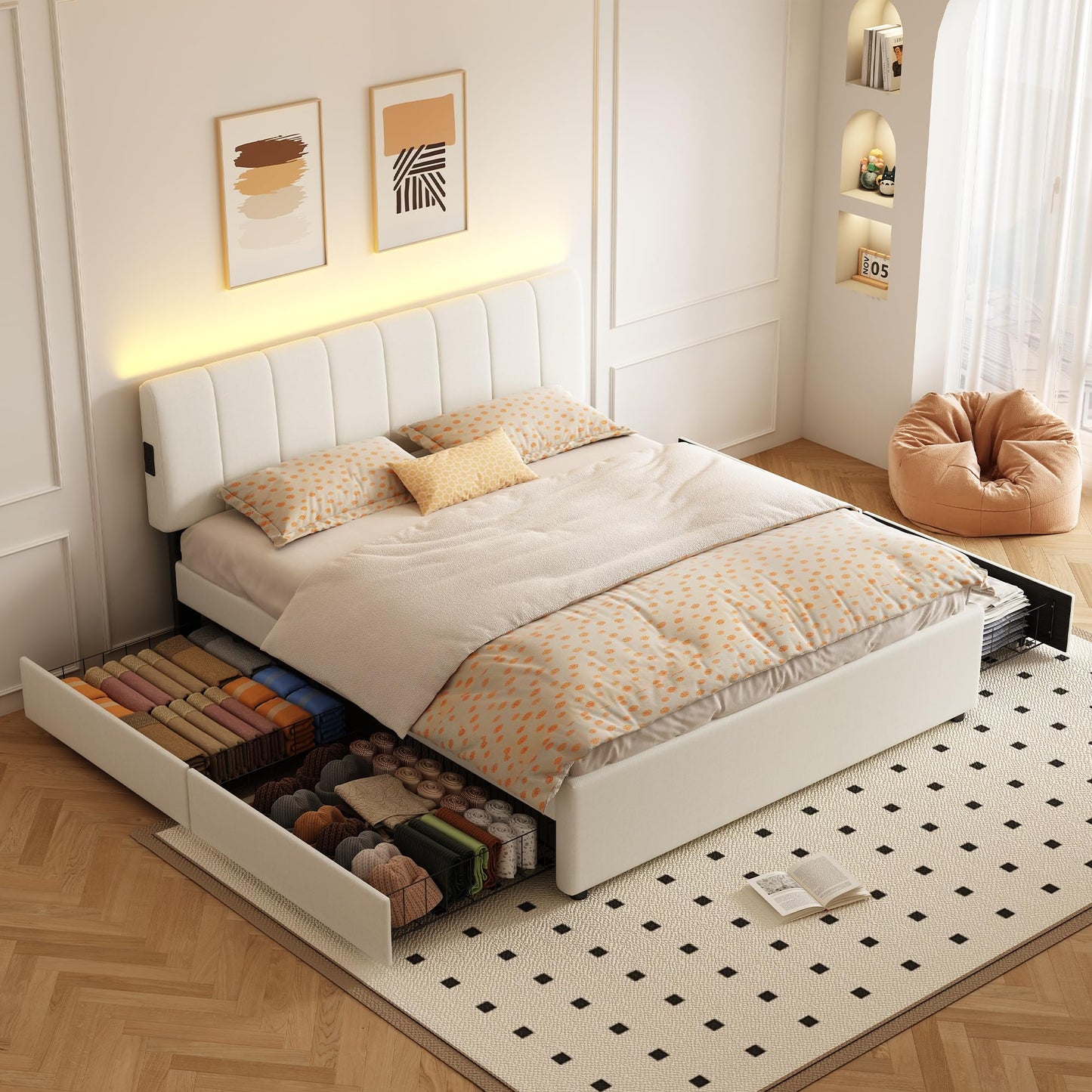 FAVSH King Size Upholstered Platform Bed with 4 Storage Drawers