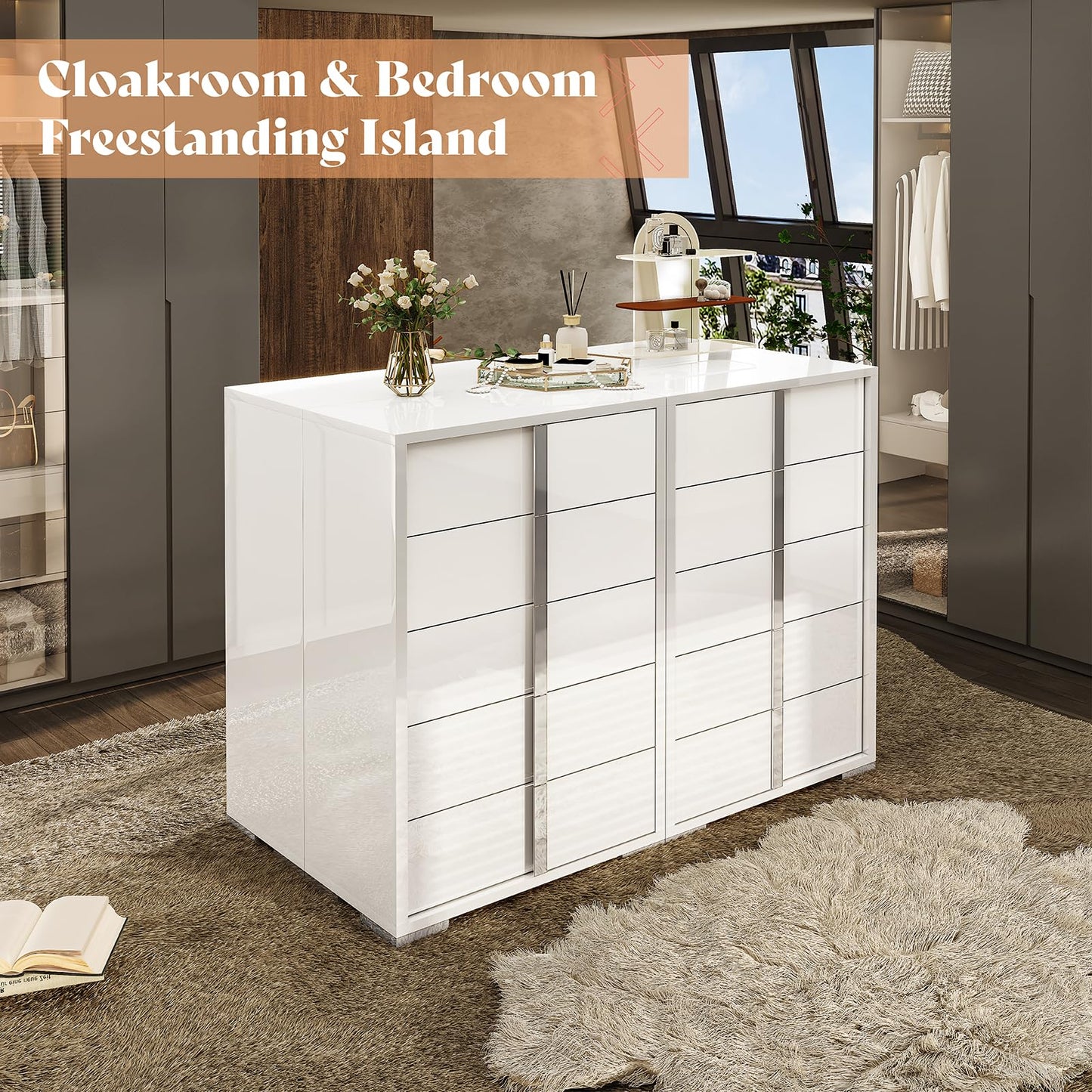 AMERLIFE 50.2" H Modern 5 Drawer Dresser, Glossy Surface Chest of Drawers, Large Storage Organizer for Bedroom, Living Room, Cloakroom, Luxury, White