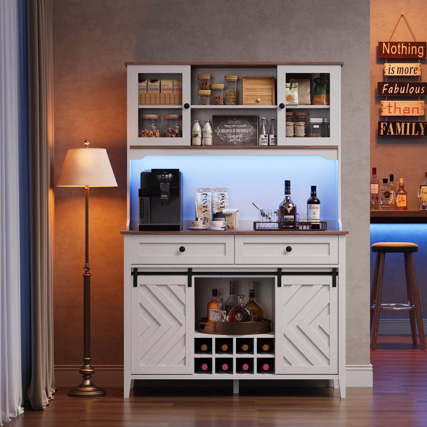 Garvee 72" Farmhosue Bar Cabinet with Sliding Barn Door, Large Kitchen Buffet with Hutch Wine with Charging Station, 2 Drawers, 8 Storage Shelves, LED Rustic Coffee Bar for Dining (White)
