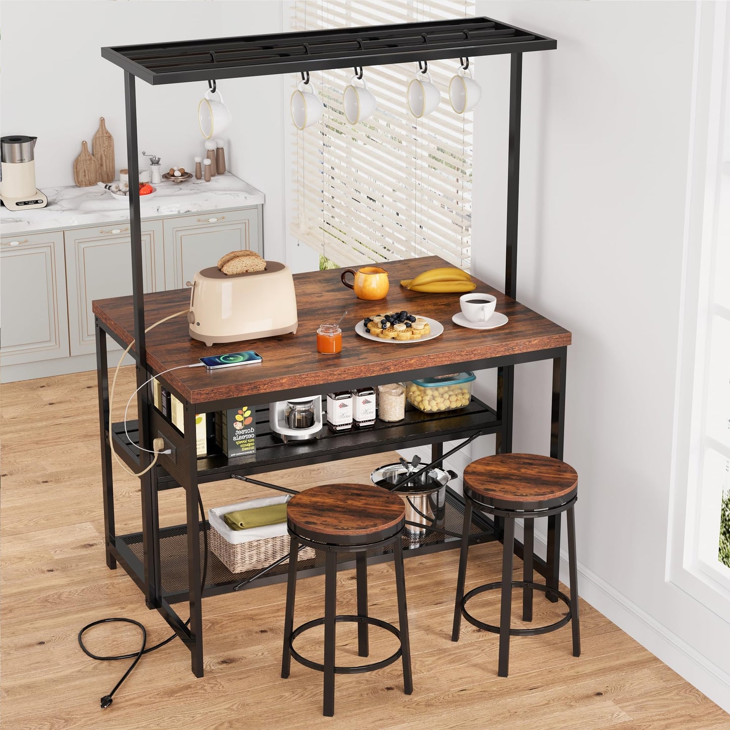 GarveeHome 47 in Kitchen Island with Power Outlet & Storage - Large Bakers Rack, Microwave Stand with 3-Tier Shelves & 5 Hooks for Pantry Organization