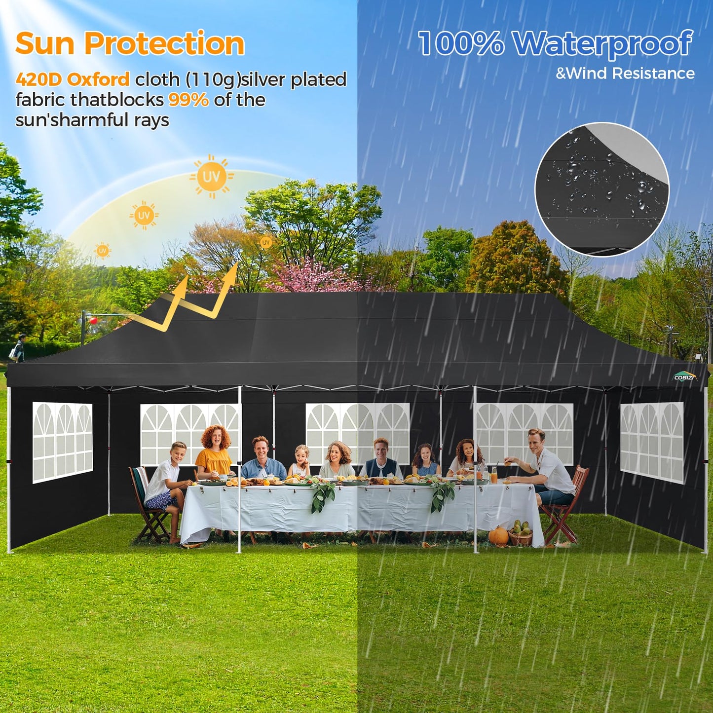 COBIZI 10x30 Pop up Canopy with Roller Bag & 8 Removable Sidewalls, Canopy Tent for Parties, Wedding, and Commercials, Waterproof and Instant Shelter UV50+ Outdoor Gazebo with 4 Sandbags(Pure Black)
