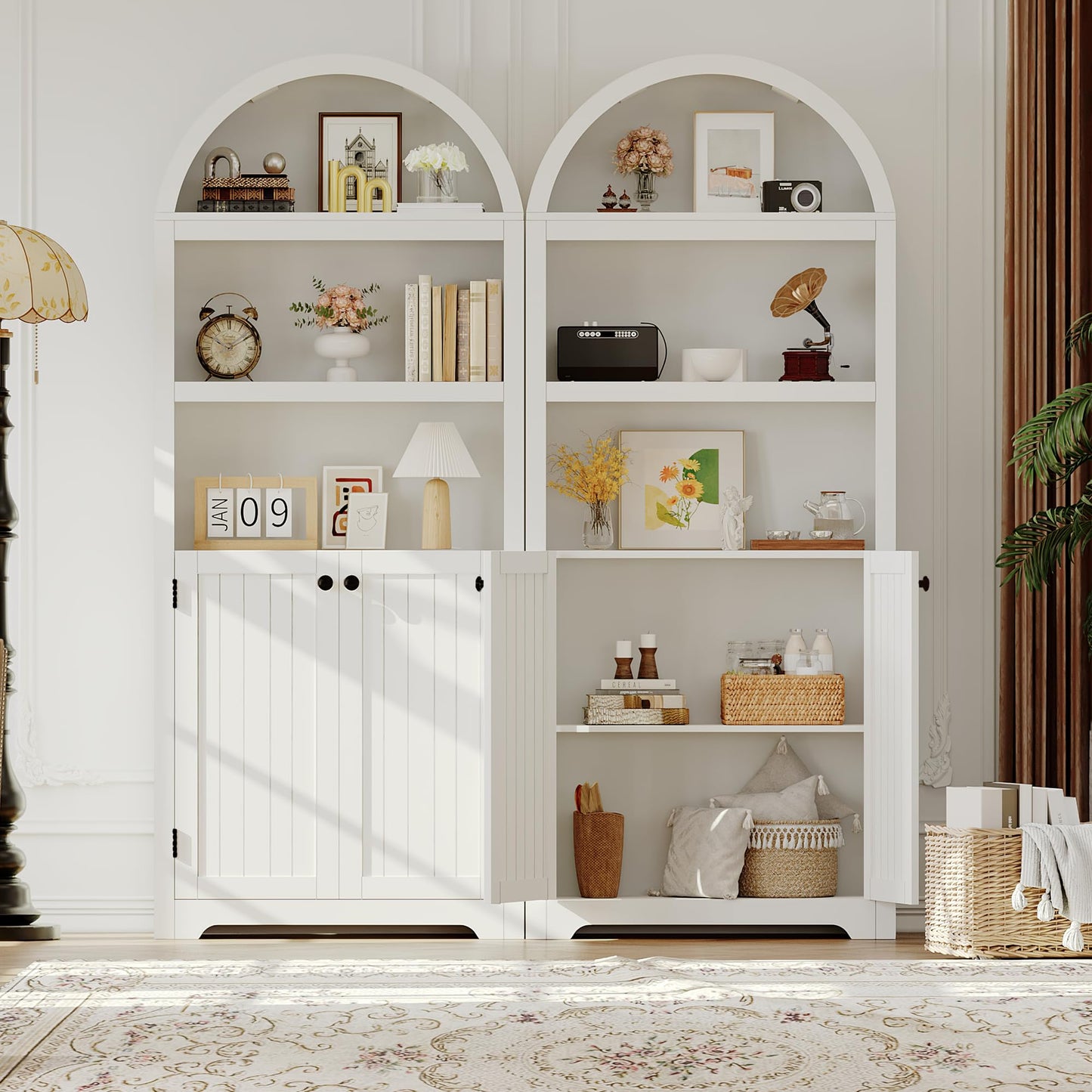 71.6" Arched Storage Cabinet with Adjustable Shelves & 2 Doors, Farmhouse 6-Tier Bookcase, Kitchen Pantry Display Shelf for Living Room and Dining Area Organization, White