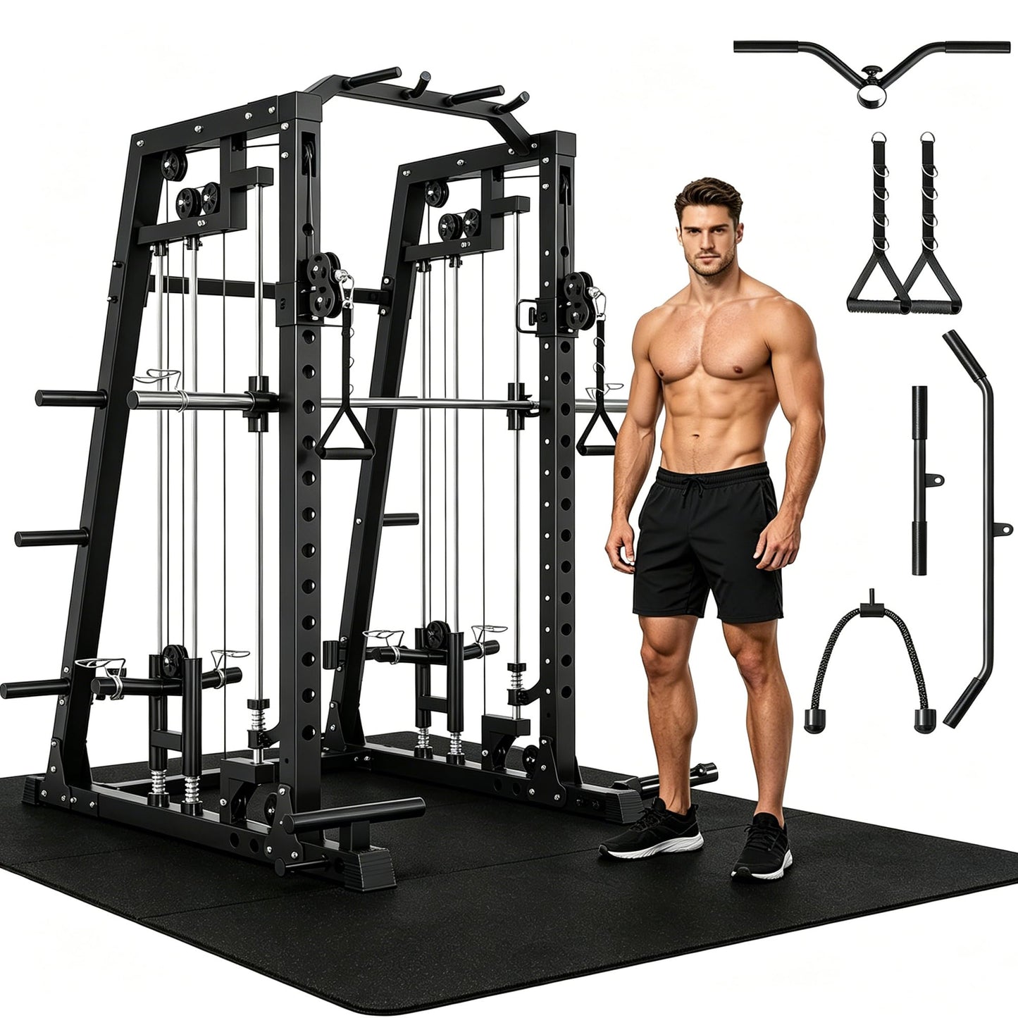 Smith Machine All-in-1 Home Gym, 2000 LBS Capacity Power Cage with Dual Independent Pulley System, 360° Landmine, Pull-Up Bar & Weight Storage – Heavy Duty Full Body Workout Station for Home & Garage