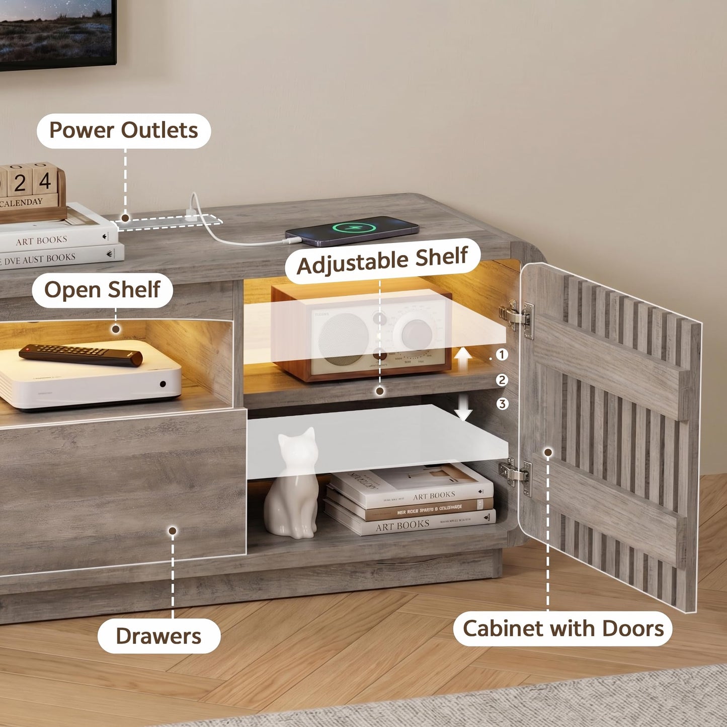 Homiflex 63" TV Stand with Storage, Mid Century Modern Entertainment Center with Power Outlet & LED Lights, Fluted Media Console Table with 2 Drawers and Grille Doors for Living Room Bedroom, Natural
