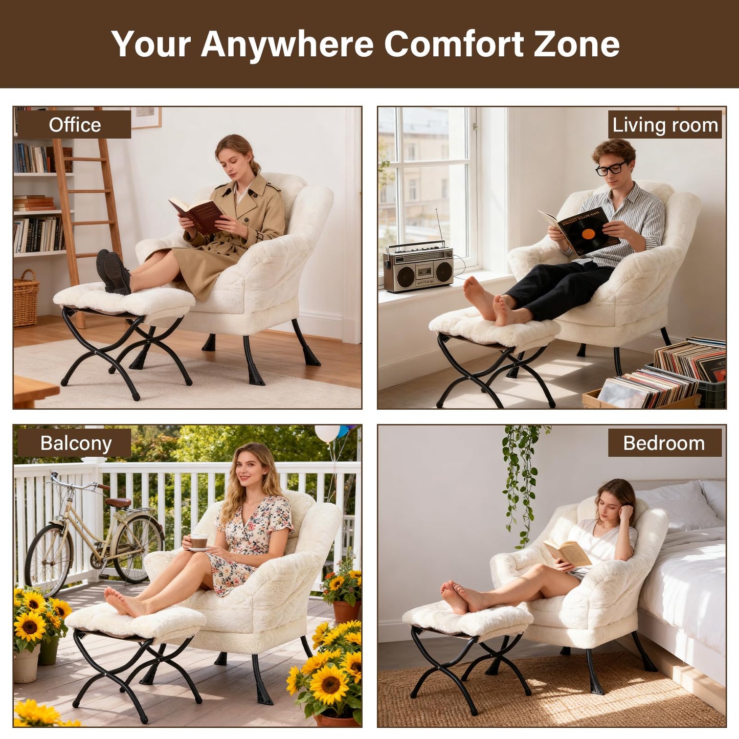 Welnow Lazy Chair with Ottoman, Modern Accent Chair with Armrests and a Side Pocket, Leisure Sofa Armchair, Reading Armchair with Footrest for Small Space, Plush Beige