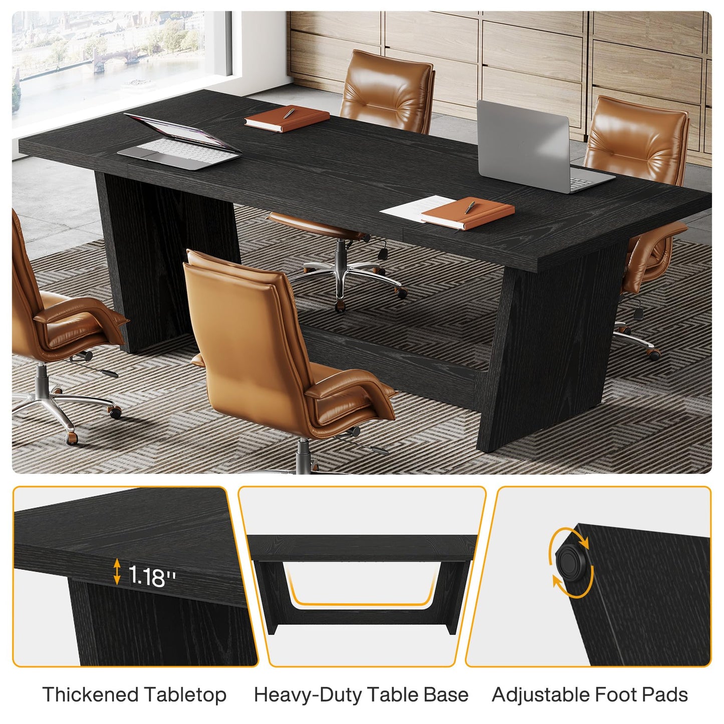 Tribesigns 6 FT Conference Table, 71" Rectangular Meeting Table for Office Conference Room, Large Executive Seminar Desk for 6-8, Wooden Business Boardroom Table with Heavy-Duty Pedestal Base, Black