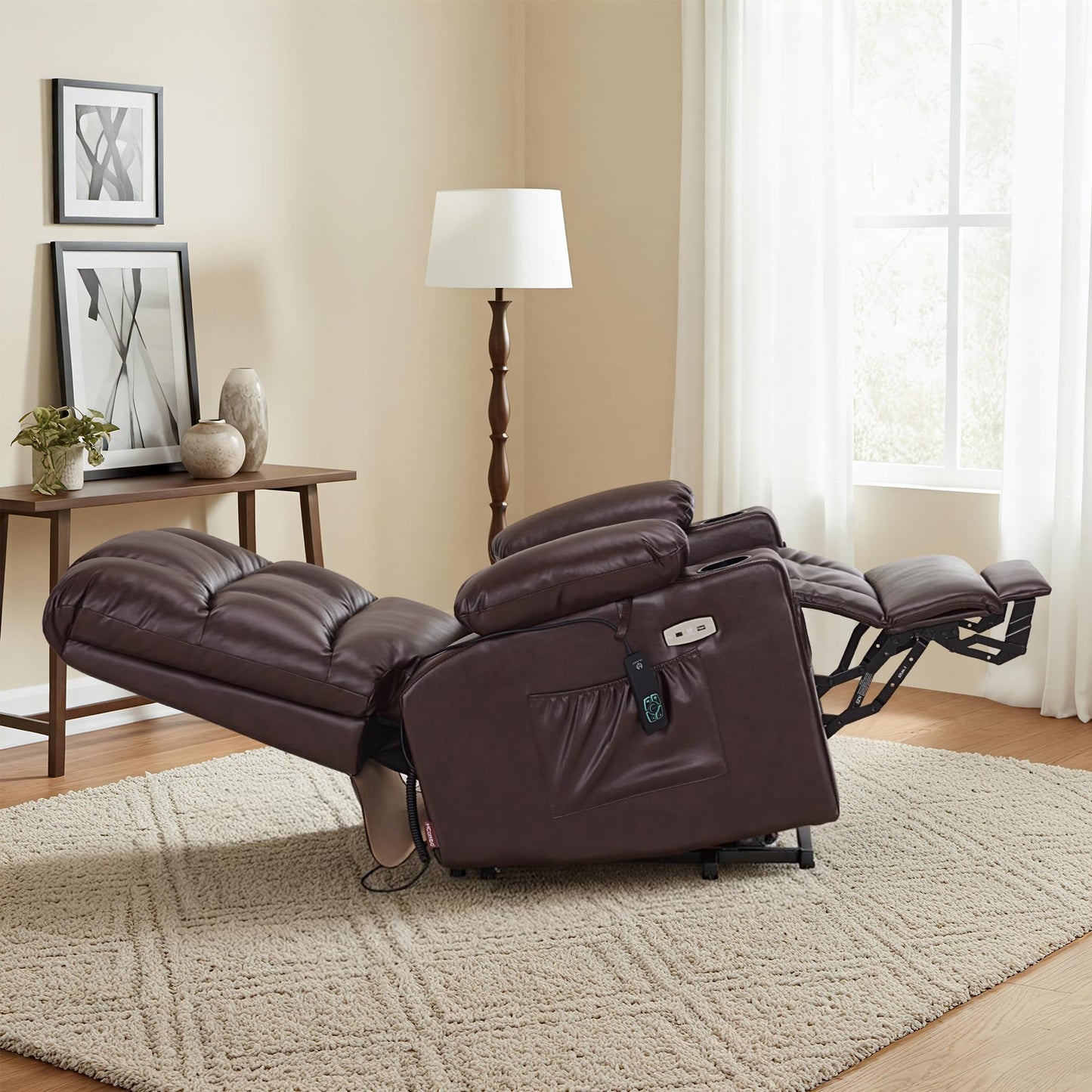 MCombo Dual Motor Power Lift Recliner Chair for Elderly, Massage and Heat, Lay Flat, Zero Gravity, Home Button, USB Port, Faux Leather 7680 (Dark Brown, Large)