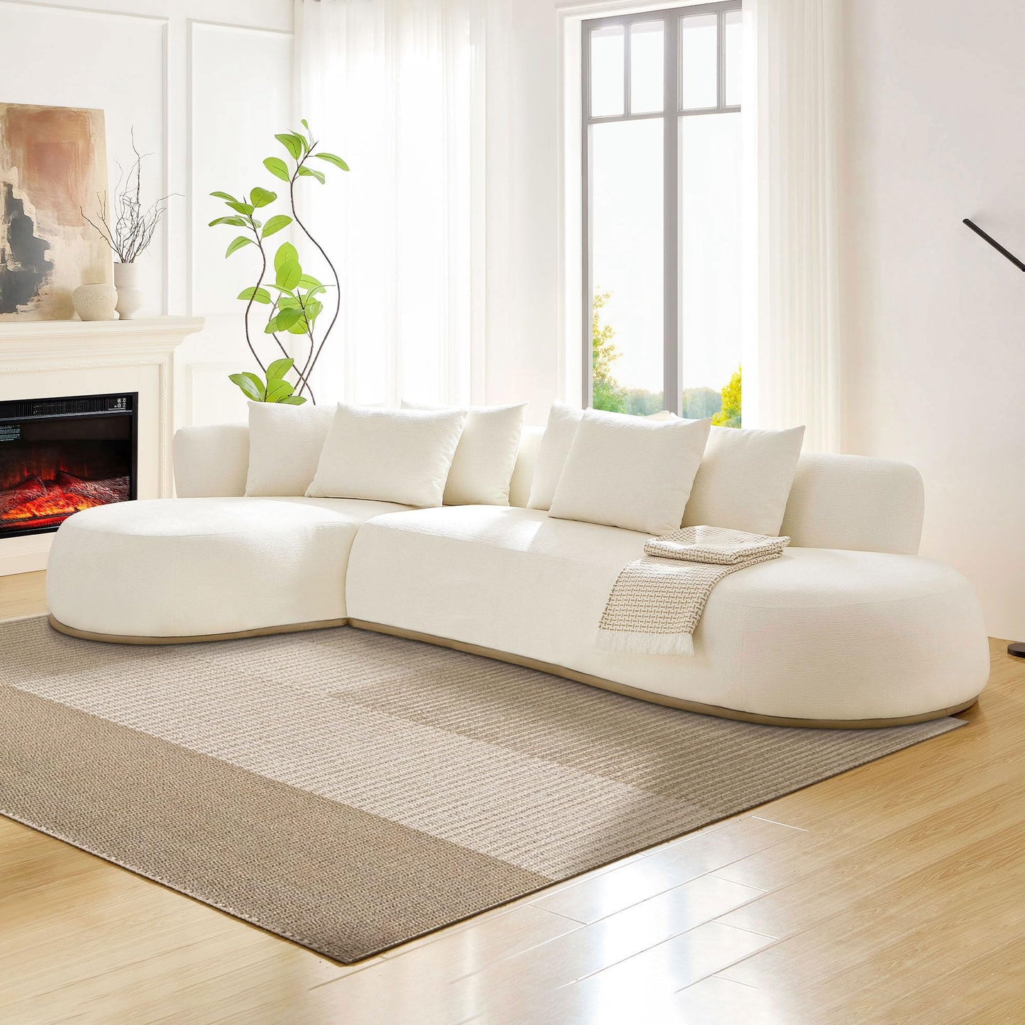 KEIKI 135" L-Shaped Oversized Boucle Sectional Sofa with Left Chaise, Modern 5-Seater Polyester Curved Couch with PU Leather Base & 6 Decorative Pillows, No Assembly Required, for Living Room, Beige