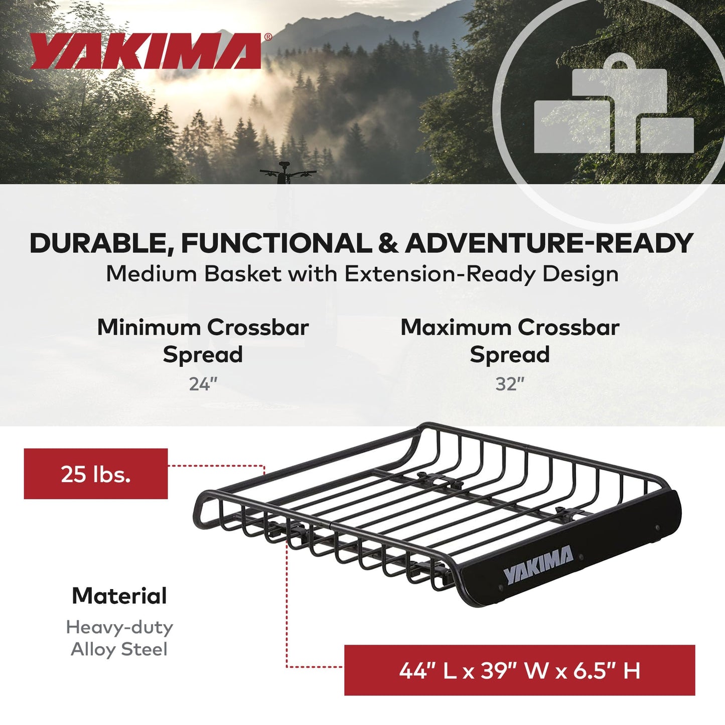 Yakima LoadWarrior Medium Sized Heavy Duty Steel Cargo Basket Roof Rack with Universal Mounting Hardware for All Yakima StreamLine Crossbars, Black